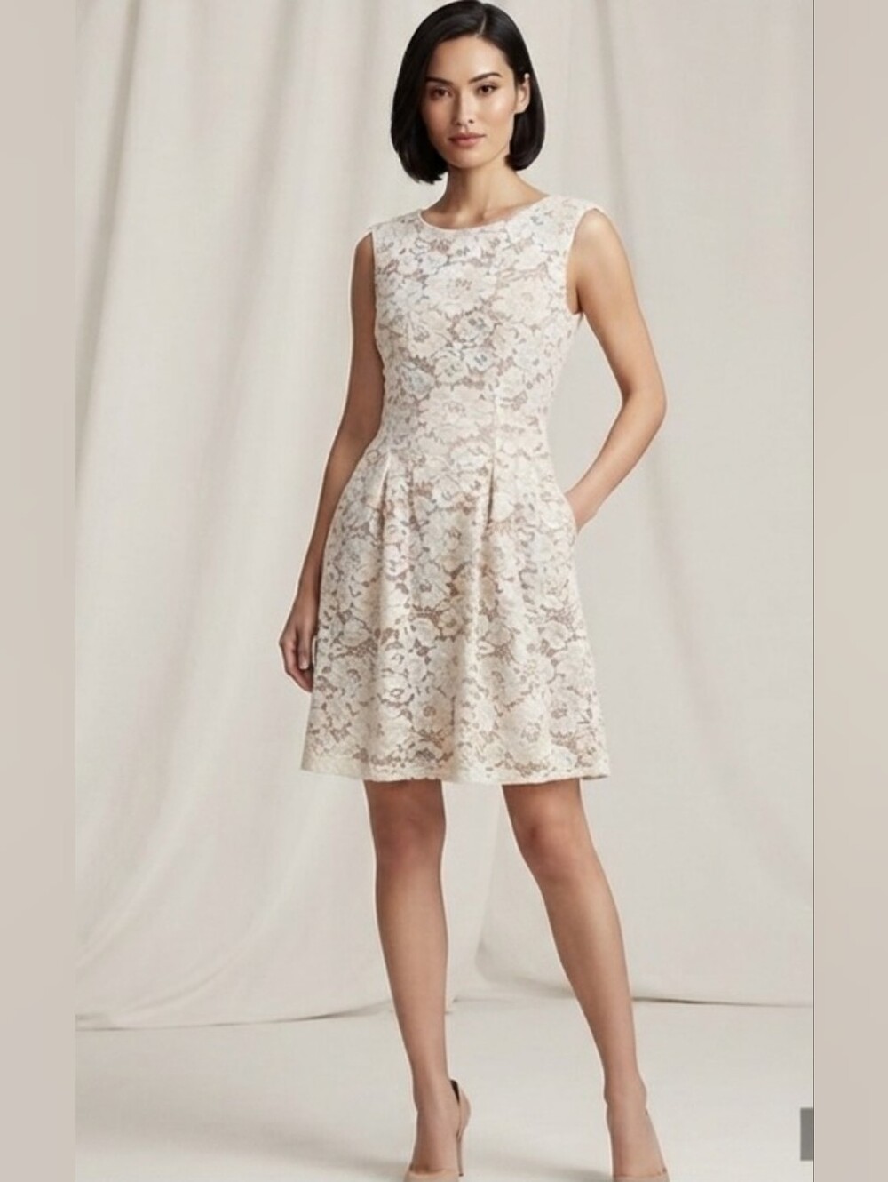 Vince Camuto Cream Floral Lace A-Line Dress 2 Pockets Size US 2
